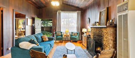 TV, fireplace, books