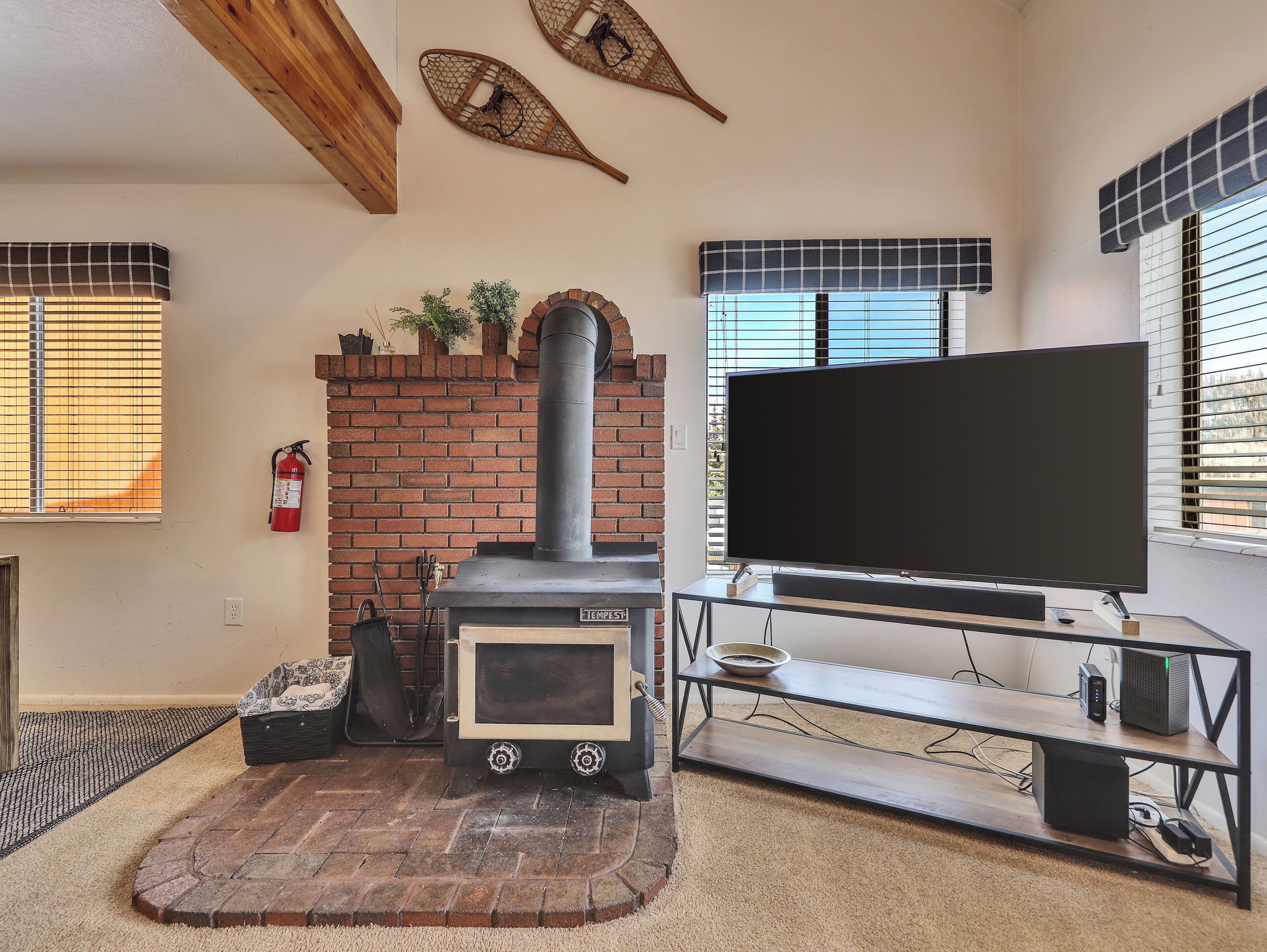 A living room with a fireplace, TV, and a fireplace screen.