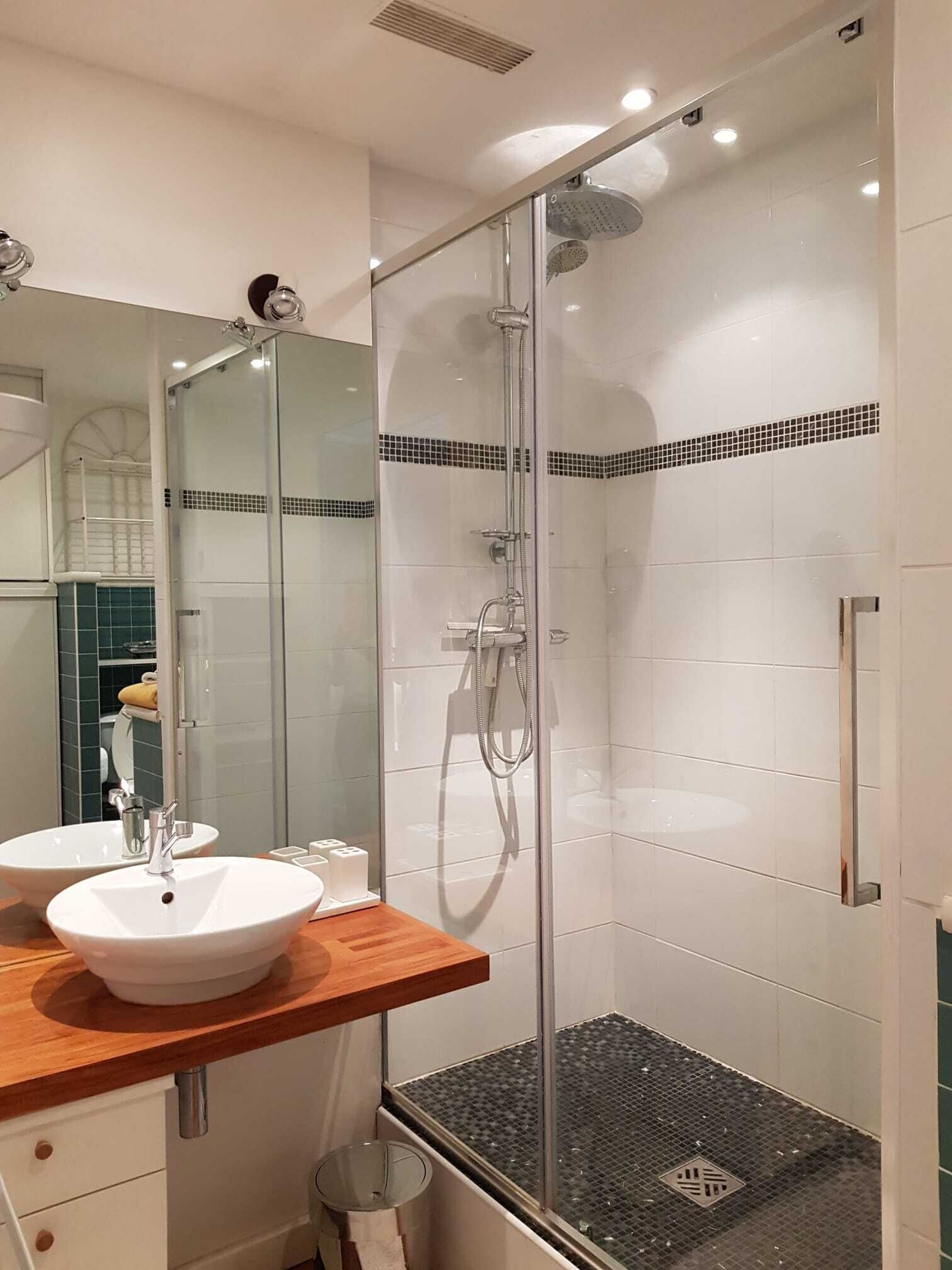 Hair dryer, towels, soap