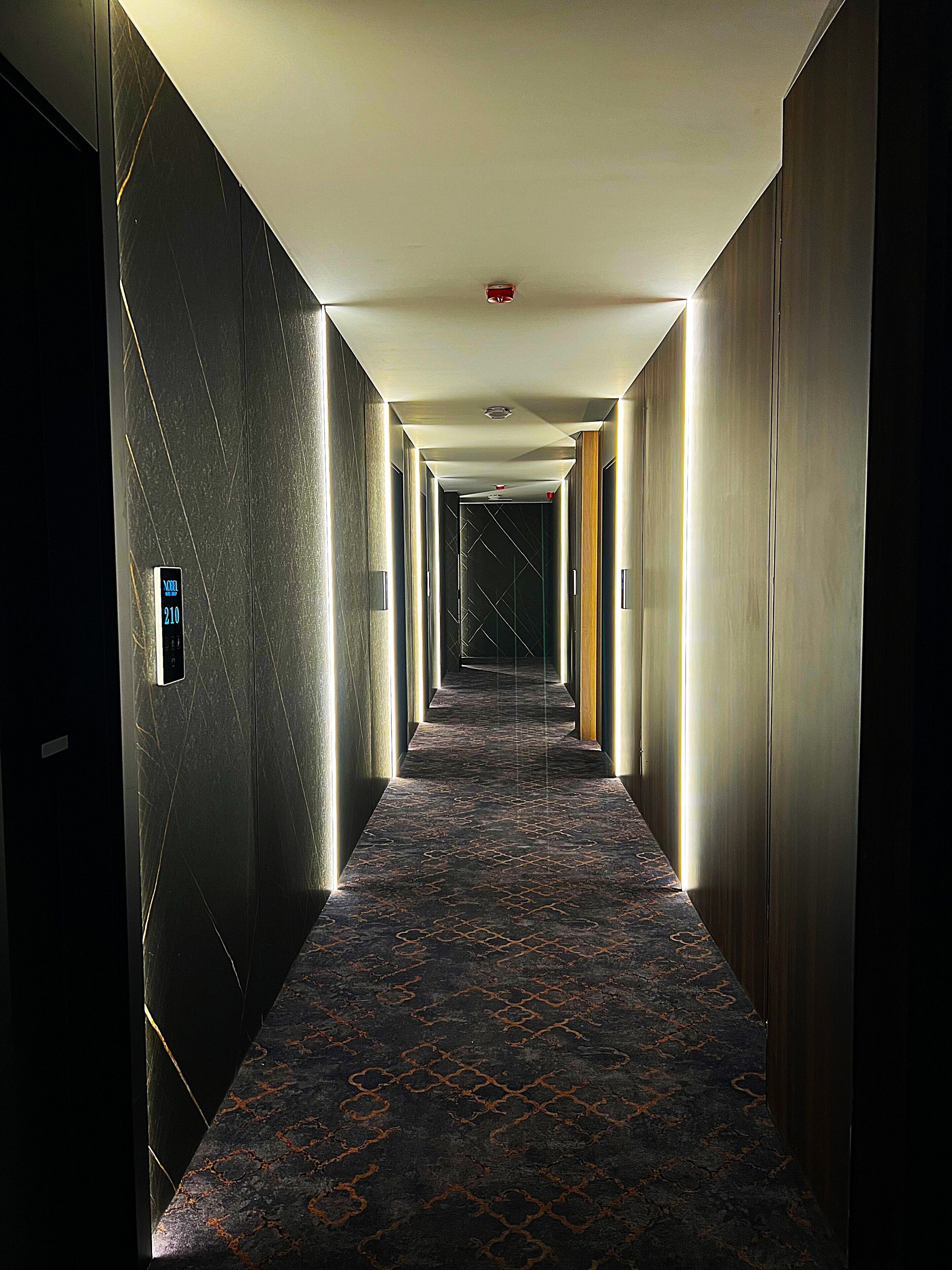 A hotel hallway with a patterned carpet, a digital display, and a fire alarm.