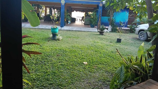A covered outdoor area with a thatched roof, surrounded by lush greenery and potted plants. - Cabañas Huay (Huay-Pix)