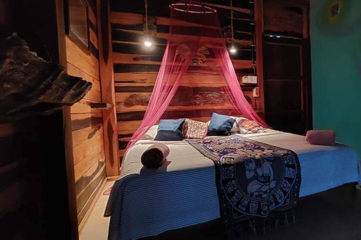 Una habitación con una cama bajo un dosel rosa, paredes de madera y un mural de colores.