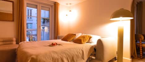 1 bedroom, desk, iron/ironing board, travel cot