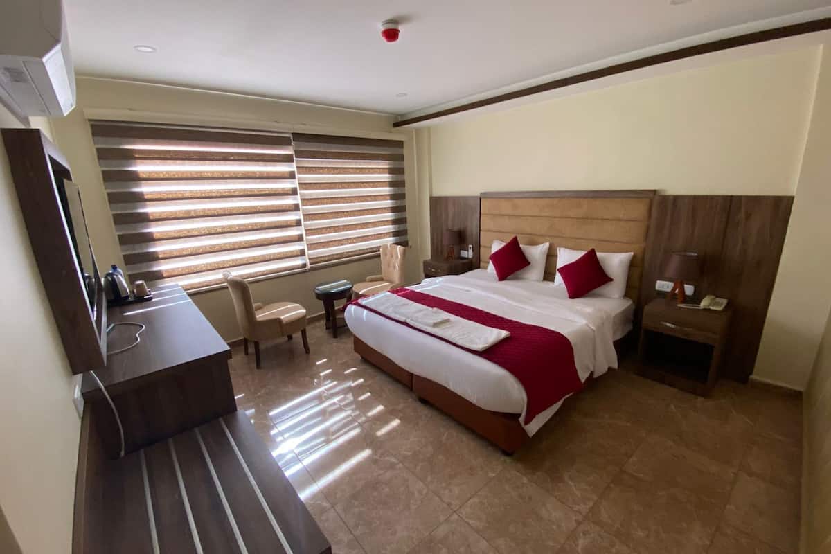 A hotel room with a large bed, a desk, a chair, a TV, and a window with blinds.