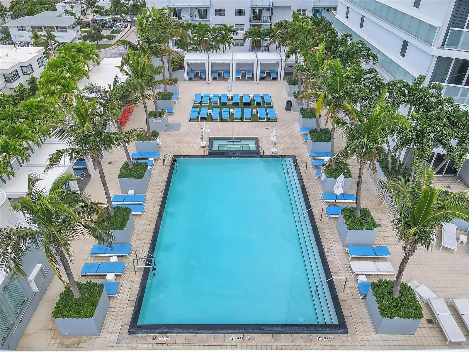 A rectangular swimming pool surrounded by lounge chairs and palm trees, with a building in the background.