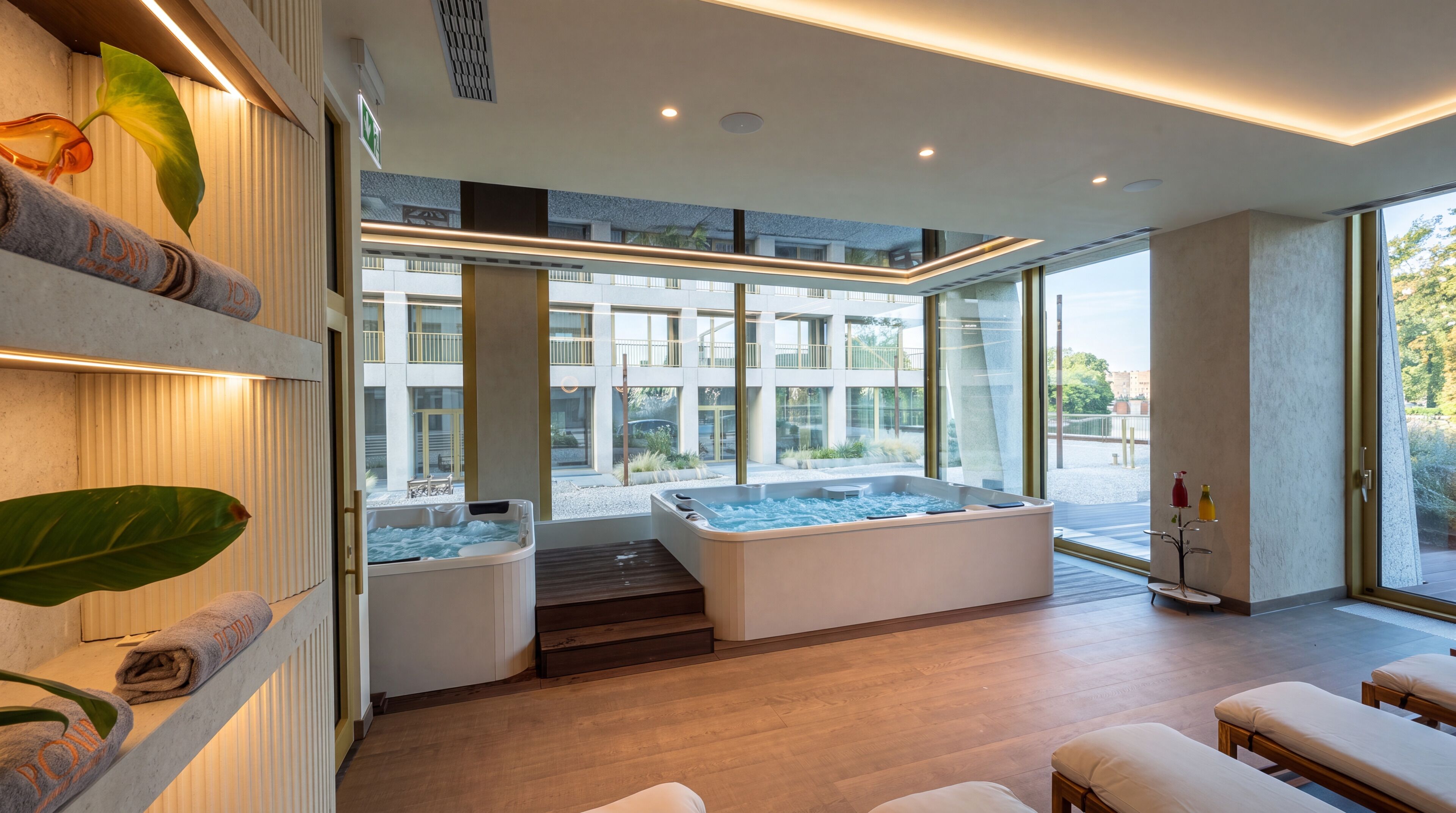 A modern spa area with two hot tubs, a wooden floor, and a view of a building with balconies.