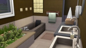 A modern bathroom with a bathtub, two sinks, a window, and a towel rack. - Charming 3-bedroom house with WiFi, fitness room in vibrant Austin (Austin)