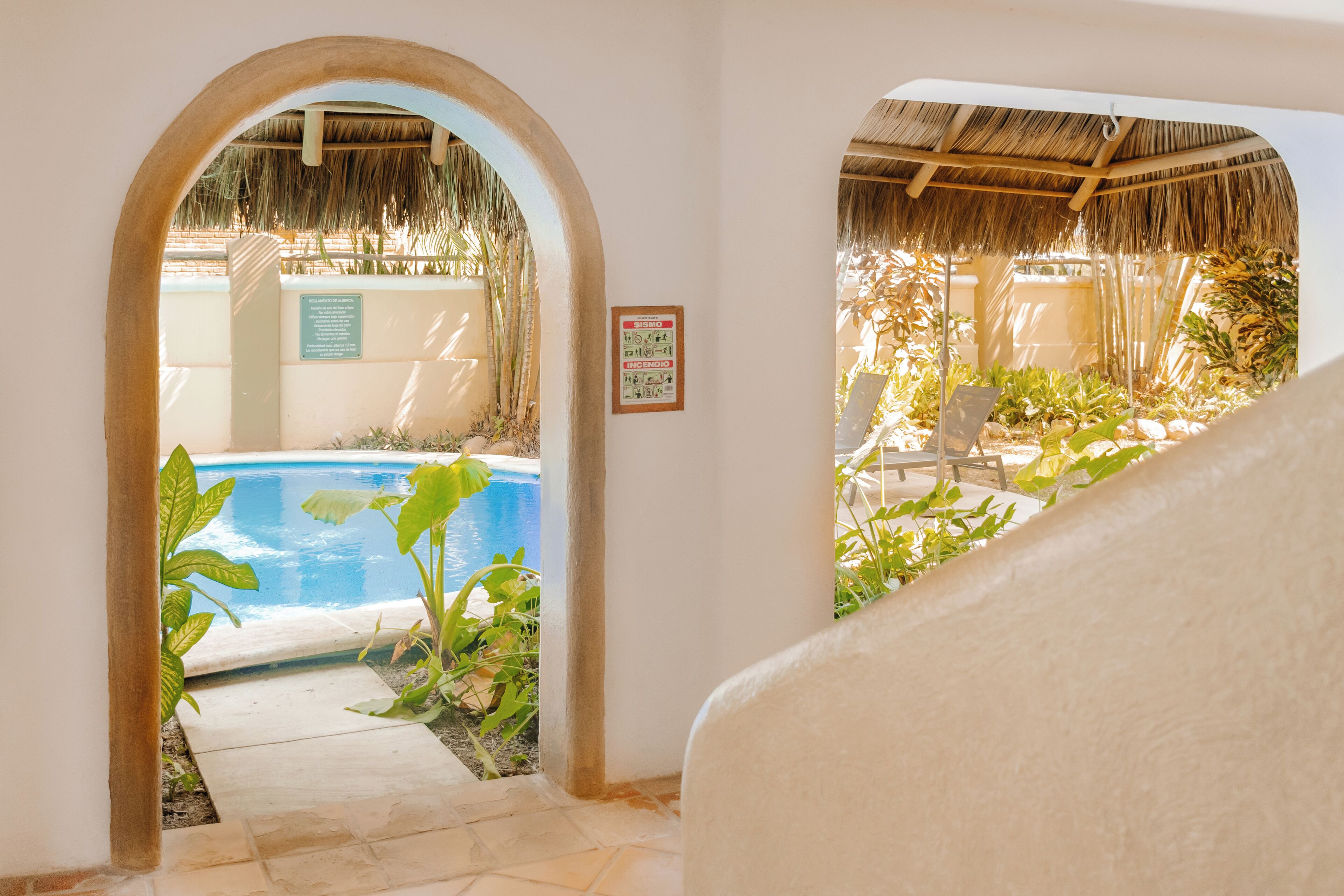 A pool area with a thatched roof, surrounded by plants and a clear blue pool.