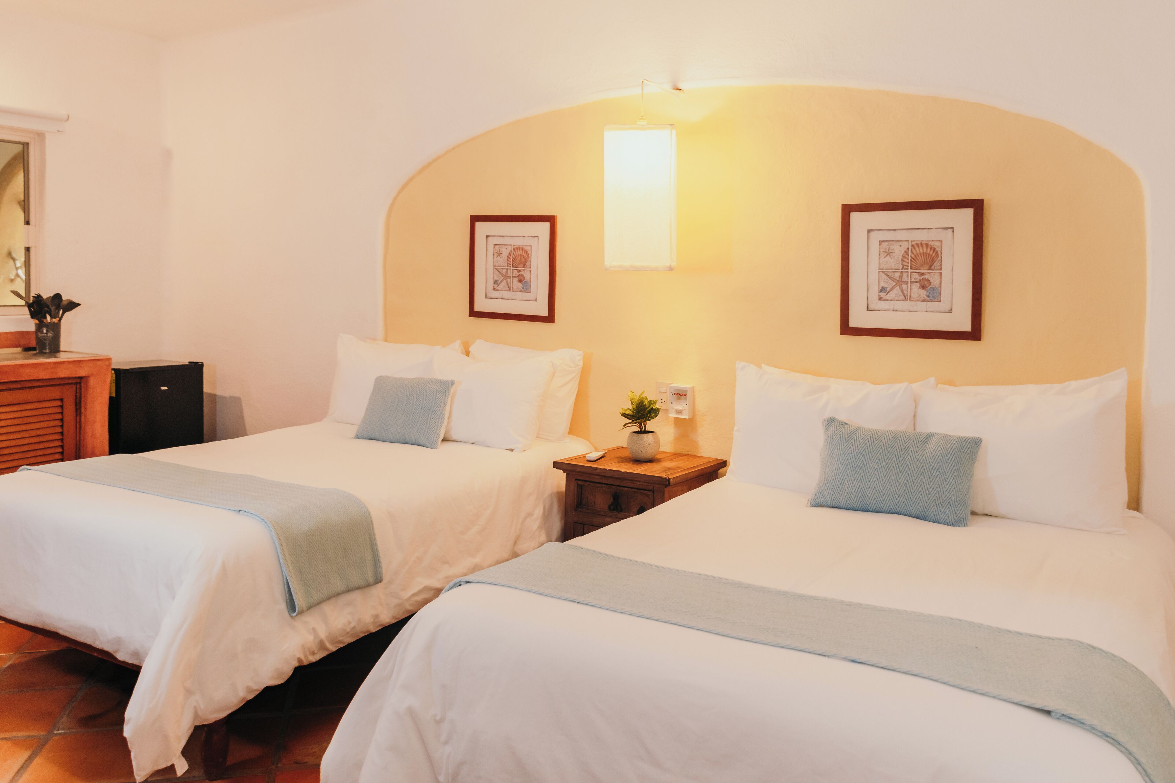A hotel room with two beds, each with white bedding and a blue throw. There are framed pictures on the wall, a bedside table with a lamp, and a small potted plant.