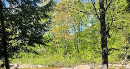 On Ellis River with view of covered bridge. Walk to town!