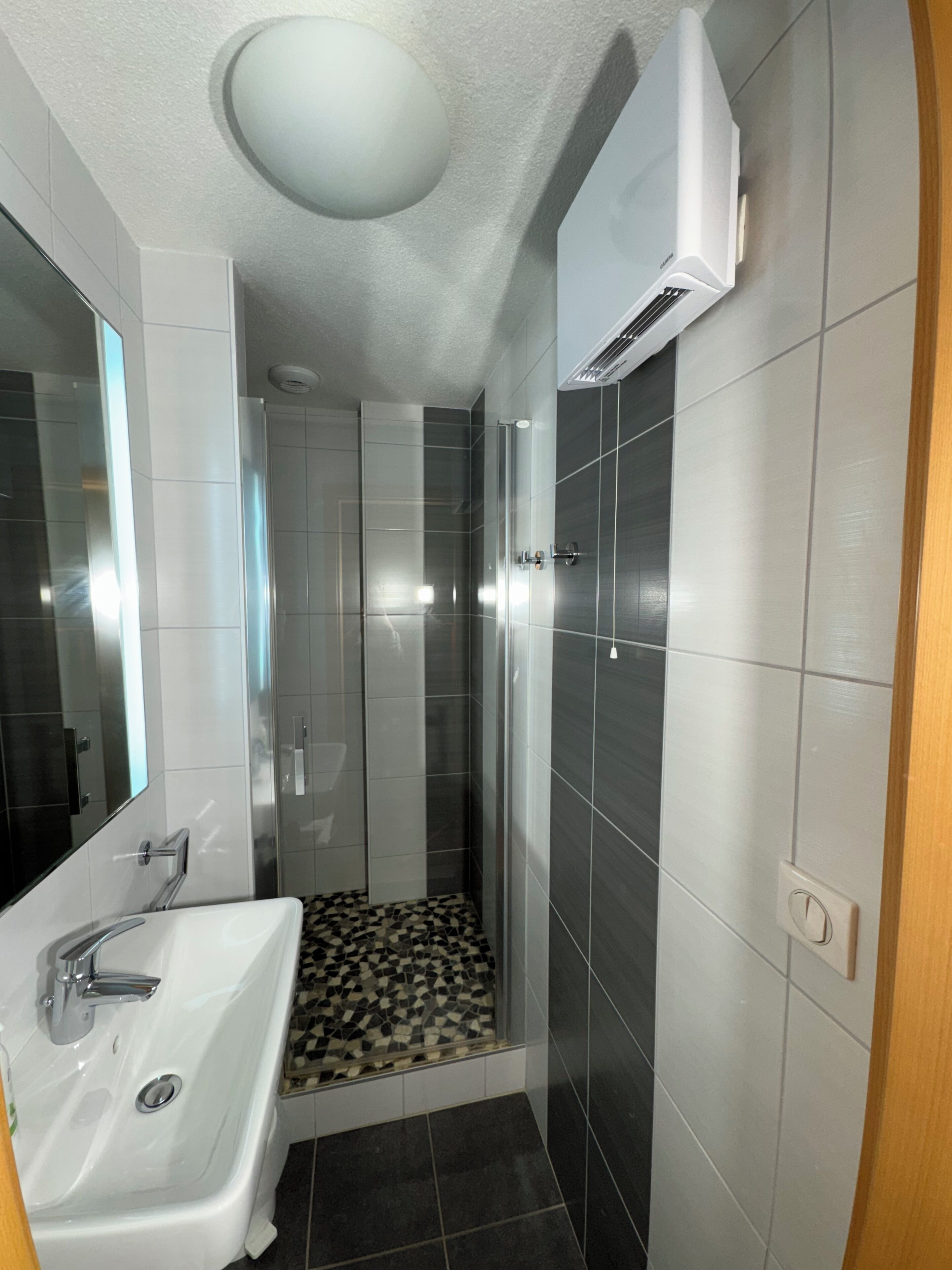 Une salle de bain moderne avec une douche, un lavabo et un miroir.
