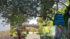 A garden pathway with stone tiles, surrounded by various plants and a colorful mural.
