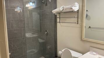 Hair dryer, towels, soap, toilet paper