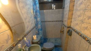 Un baño pequeño con lavamanos, inodoro y zona de ducha.