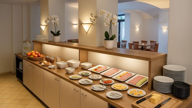 A buffet setup with various food items, including fruits, vegetables, and prepared dishes, arranged on a wooden counter with a tiled floor. - Hotel Villa Noel – Central Station Dresden (Dresden)