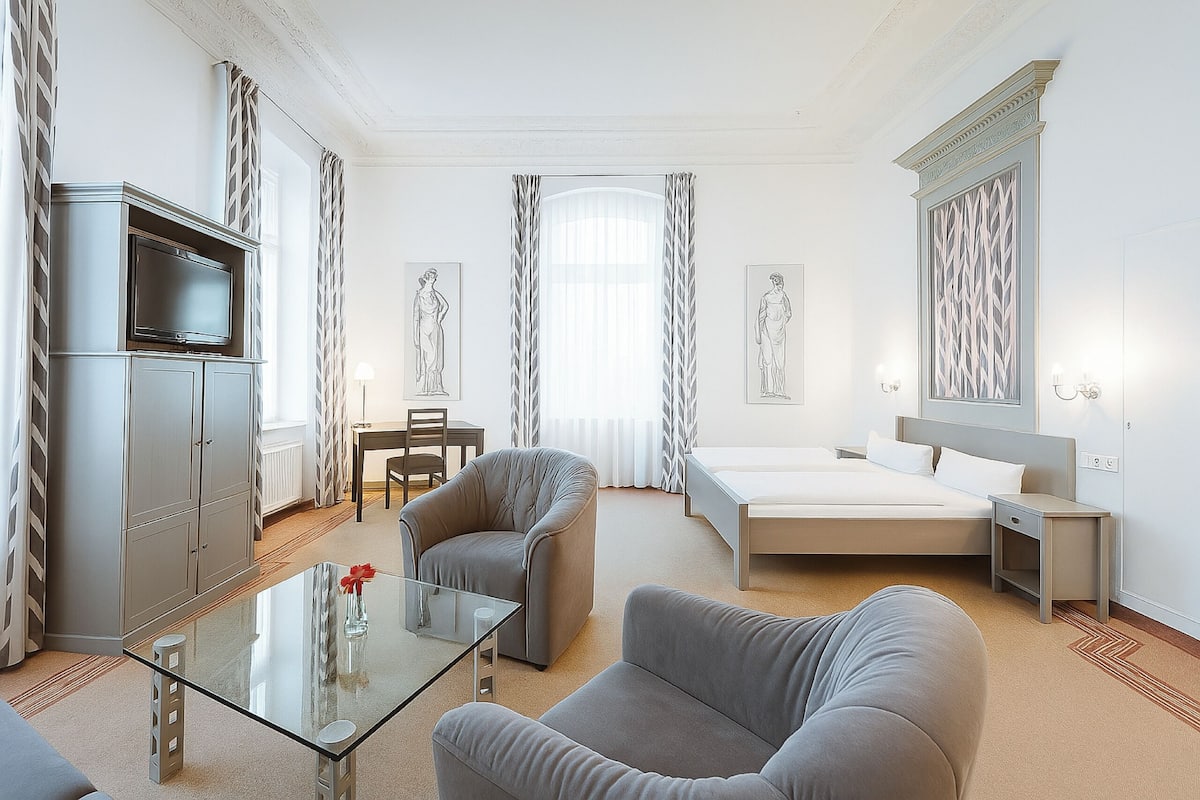 Premium bedding, desk, laptop workspace, free WiFi