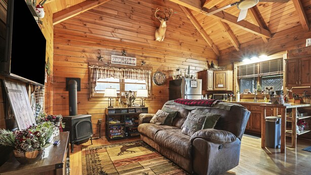L’intérieur chaleureux d’un chalet avec un plafond en bois, un canapé en cuir, une cheminée et un coin cuisine.