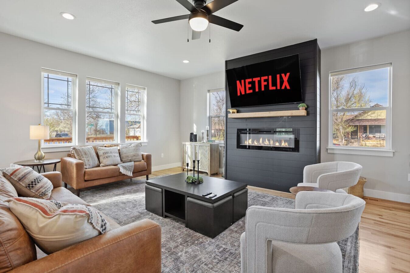 TV, fireplace, video games, books