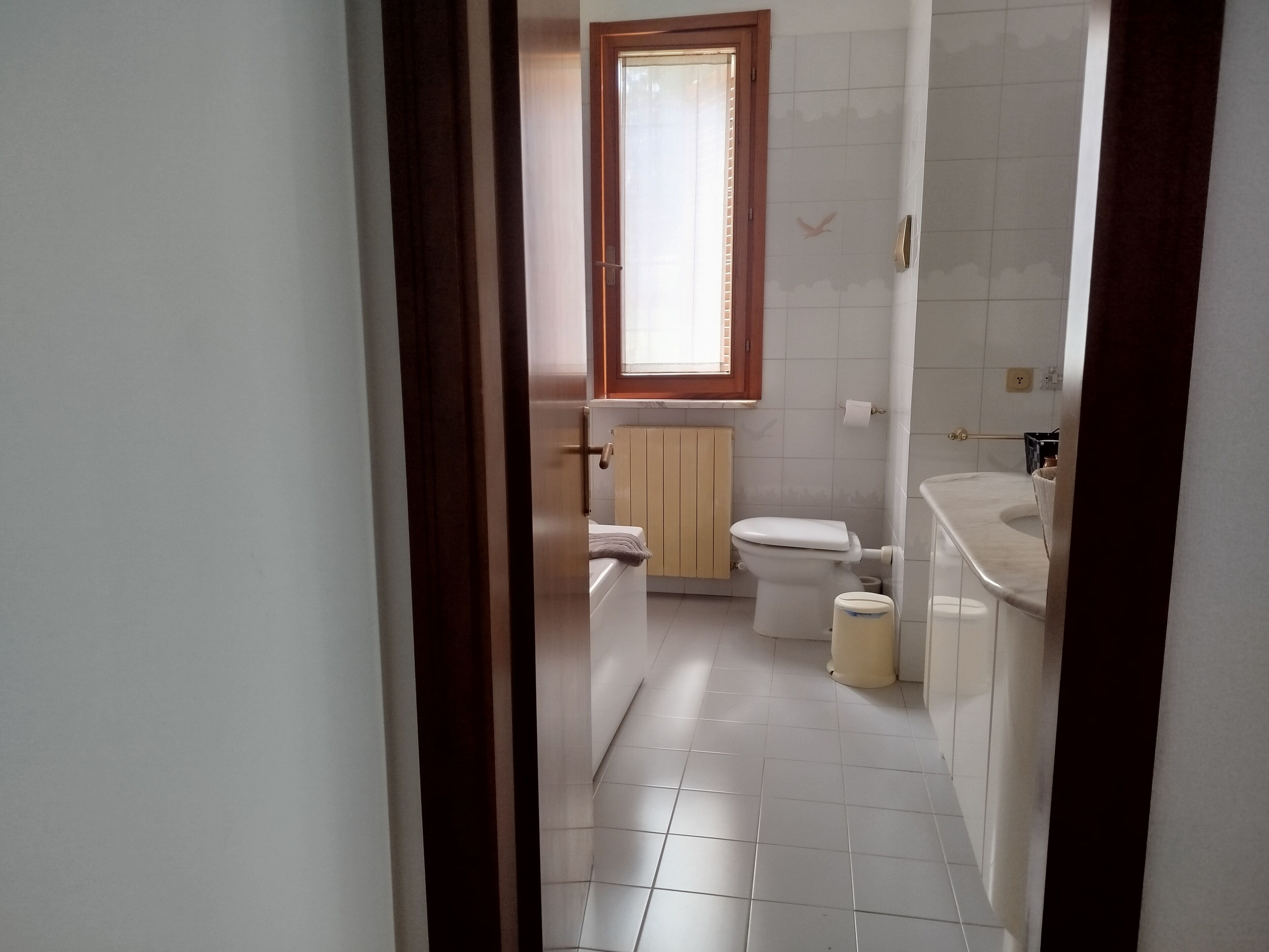 A bathroom with a toilet, sink, and a window.