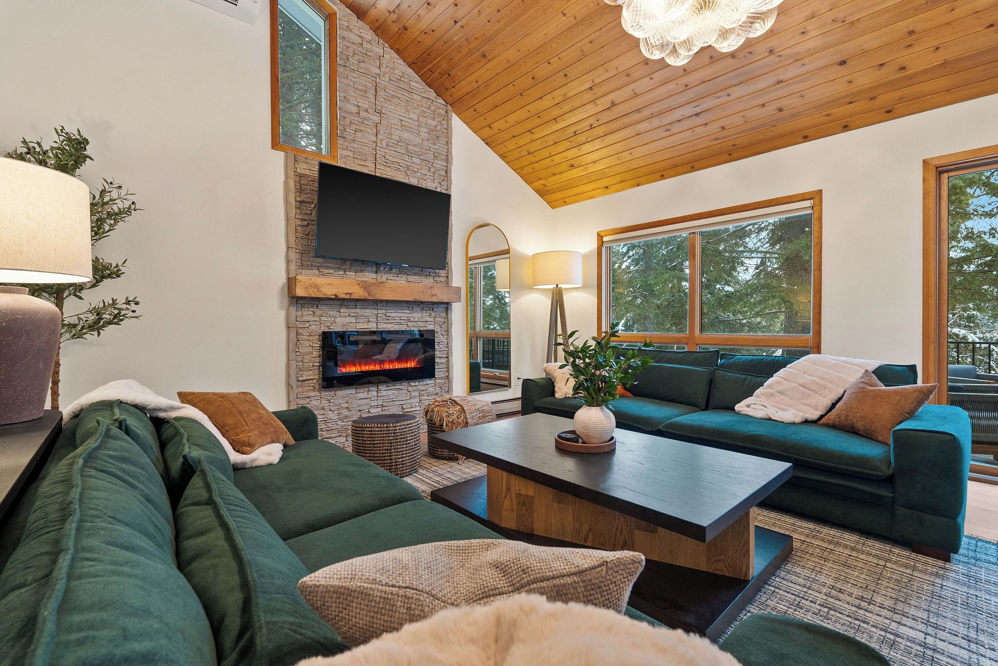 Smart TV, fireplace, table football, books