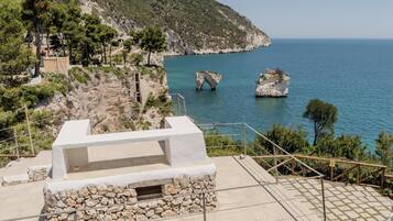 A coastal terrace with stone walls, a white structure, and a view of the sea and a rocky coastline.