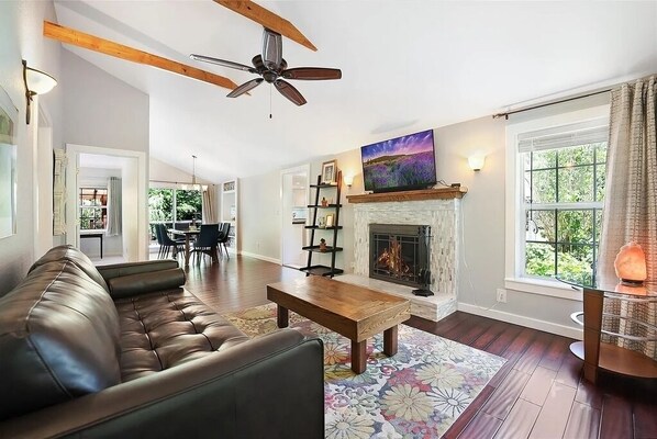 TV connectée, cheminée, lecteur de DVD, livres