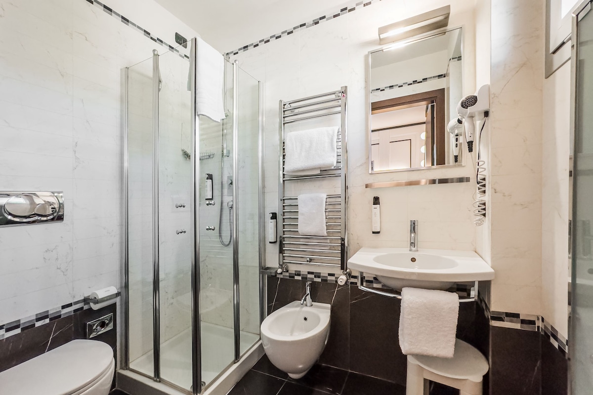 A modern bathroom with a glass shower enclosure, a bidet, a sink, and a mirror.