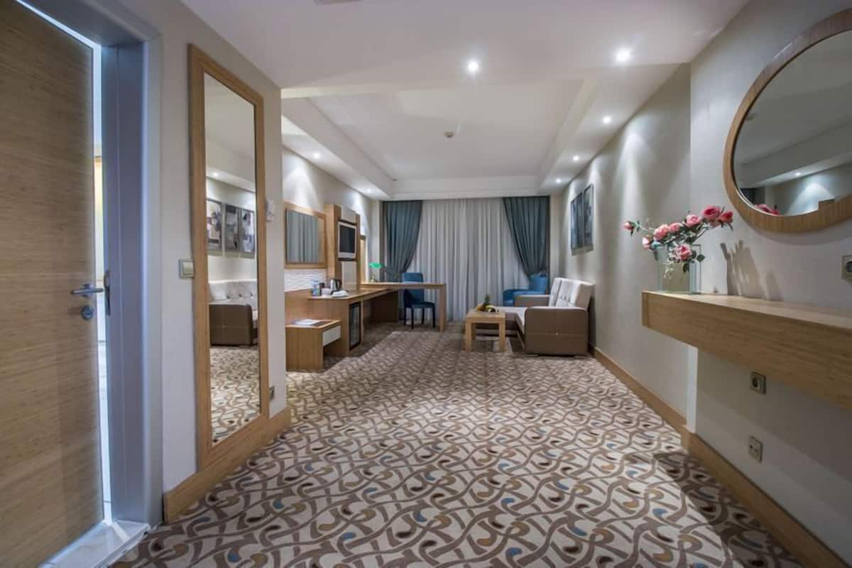 Ein Hotelzimmer mit Teppichboden, einem Schreibtisch mit Stuhl, einer Couch, einem kleinen Tisch, einem Spiegel und einem Schminktisch mit Waschbecken.