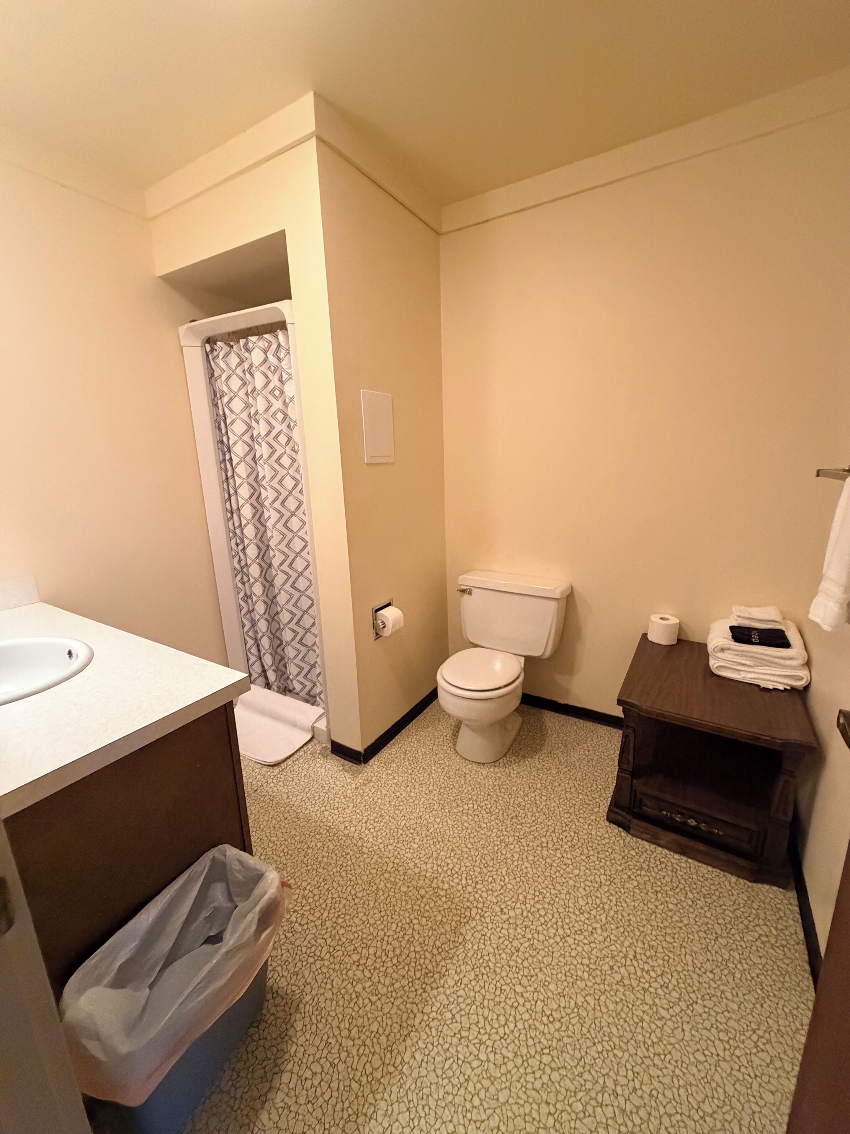 A compact hotel bathroom with a toilet, sink, and a small trash bin.