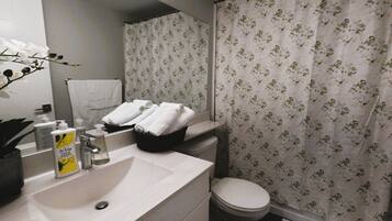 Hair dryer, towels, soap, shampoo