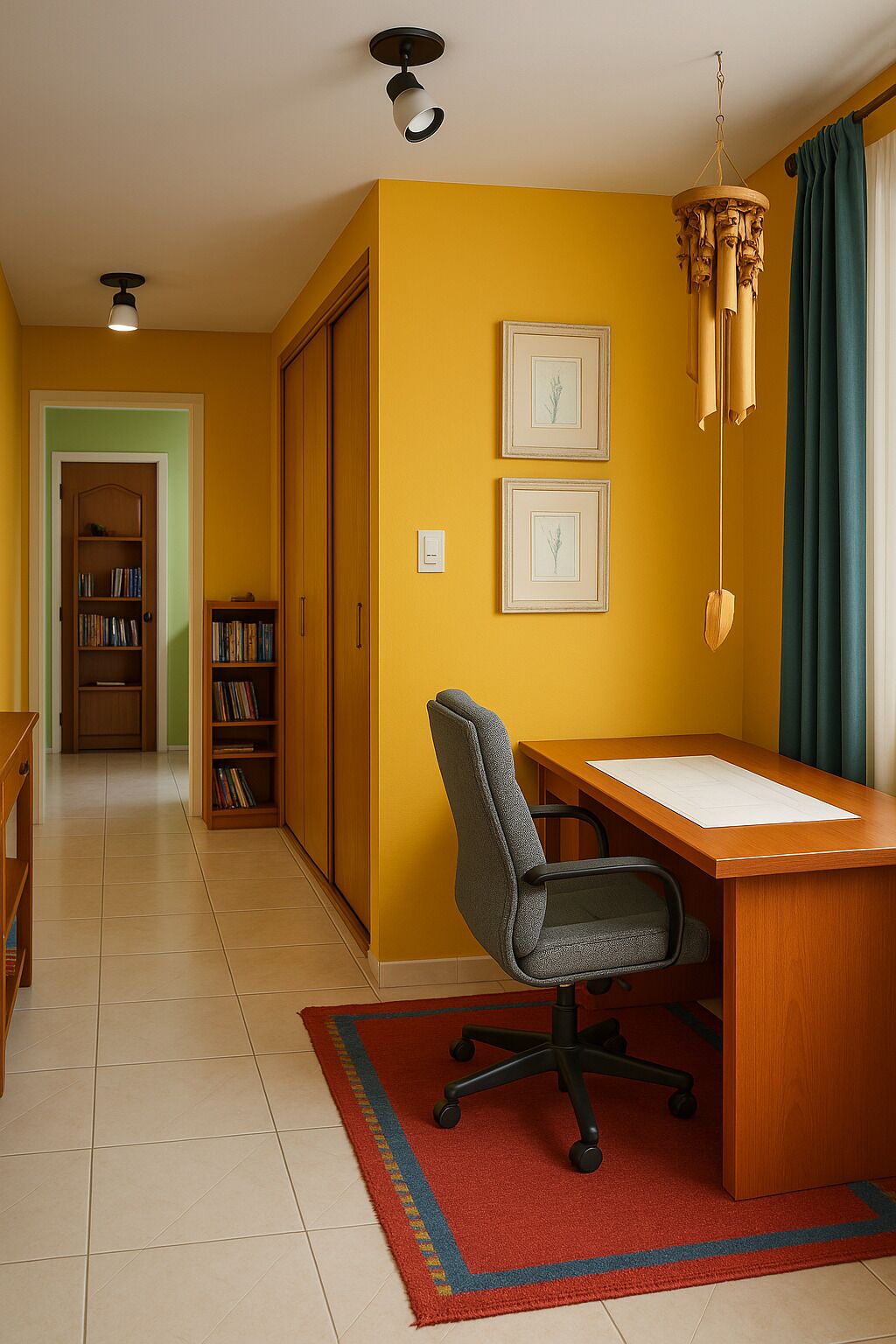 A room with a wooden desk, office chair, and a red rug. There are two framed pictures on the wall, a bookshelf, and a door leading to another room.