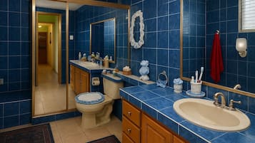 Shower, jetted bath, hair dryer, towels