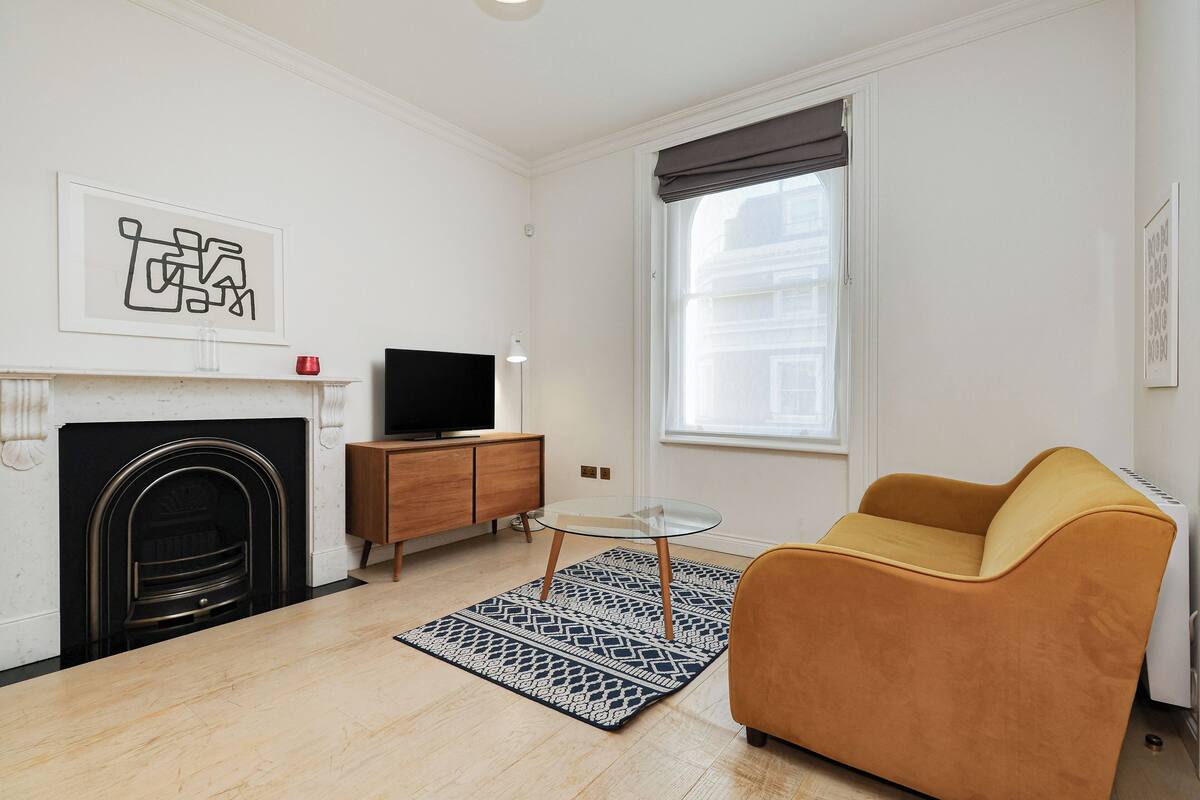Un salon avec une cheminée, un téléviseur, un canapé et un tapis à motifs.