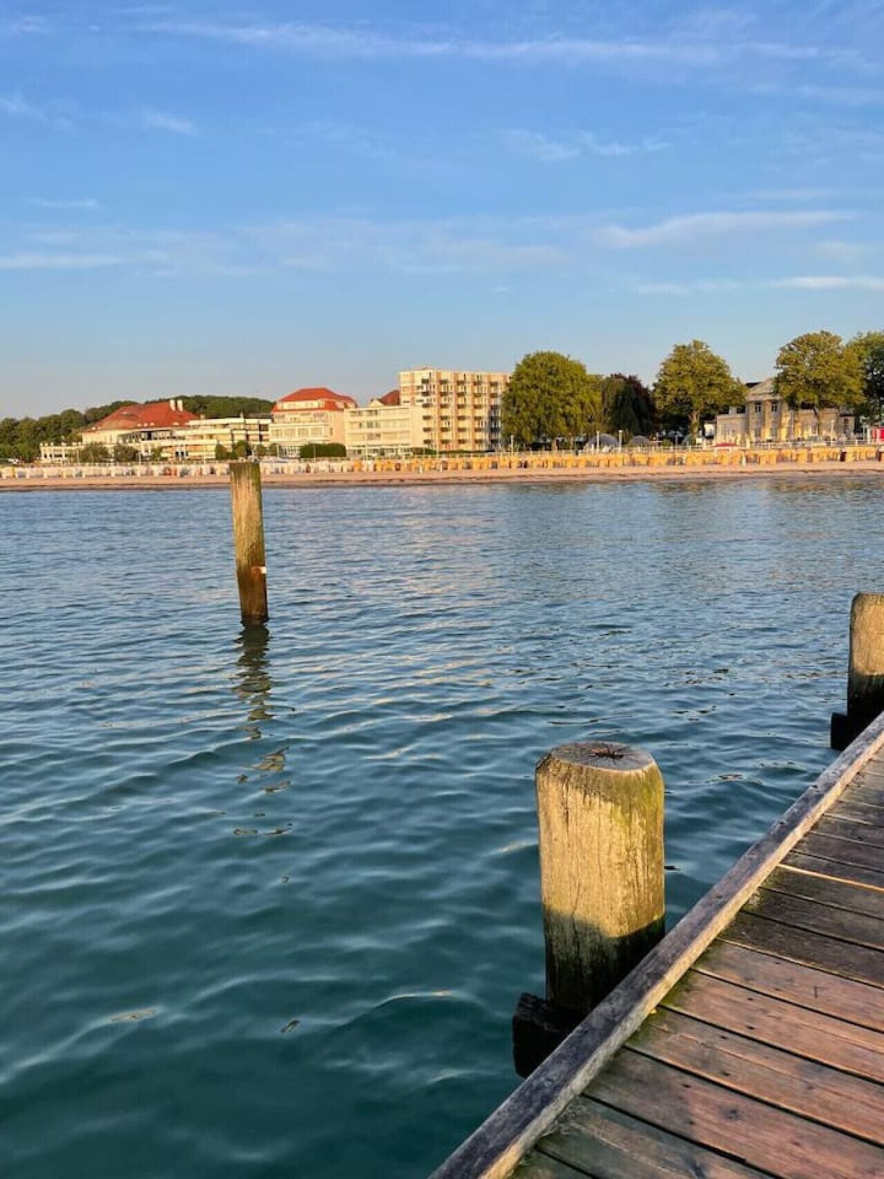 A waterfront view with a wooden dock extending into calm water, buildings in the background, and a clear sky.