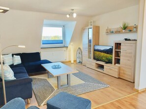 Smart TV, libri, impianto stereo, studio