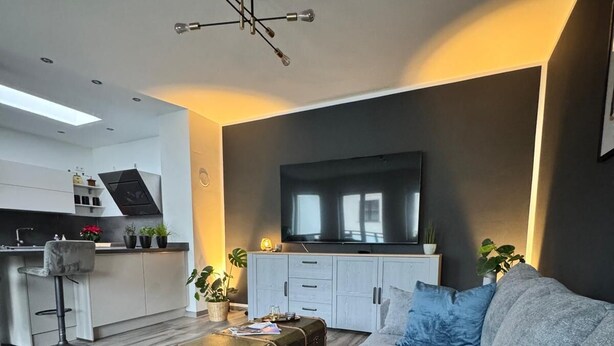 A modern living room with a grey sofa, a small table, and a television. - Erfurt Lakes vacation apartment - at the gates of the Thuringian state capital  (Nöda)
