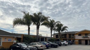Un estacionamiento con varios autos, palmeras y un edificio de motel con un letrero que dice "AMBER MOTEL".