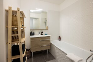 Hair dryer, towels, soap, toilet paper