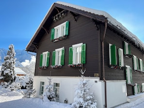 A chalet with a dark wooden exterior, green shutters, and a snow-covered roof.