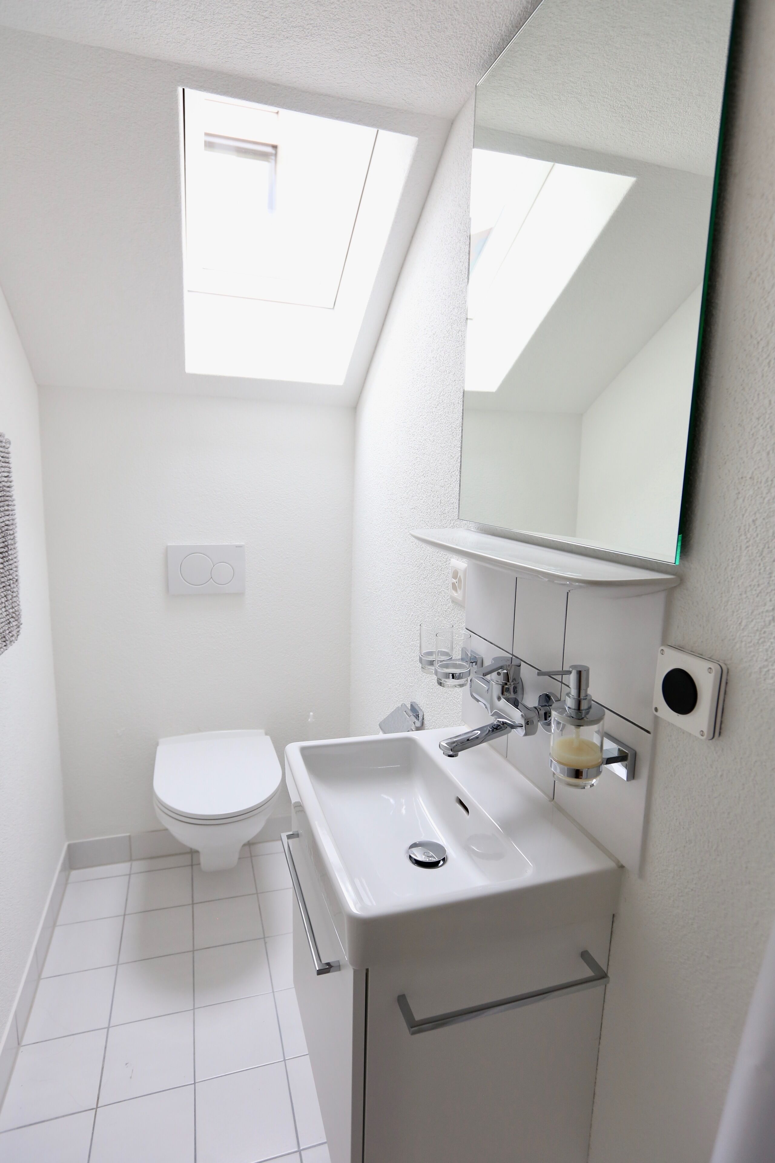 A compact bathroom with a skylight, a toilet, a sink, and a mirror.