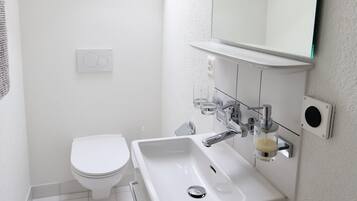Et lille badeværelse med ovenlys, toilet, vask og spejl.