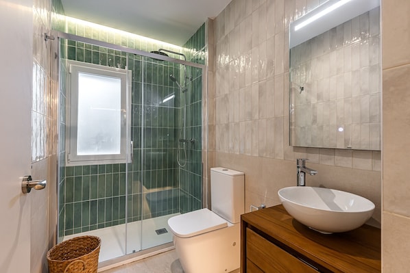 Shower, hair dryer, towels