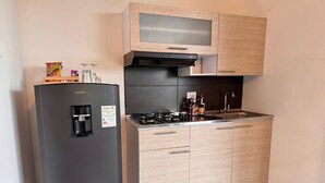 A compact kitchen with a refrigerator, a microwave, a gas stove, and wooden cabinets.