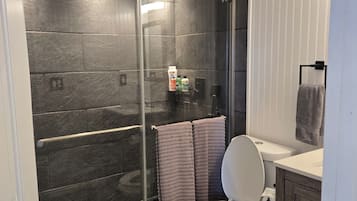 Hair dryer, towels, soap, toilet paper