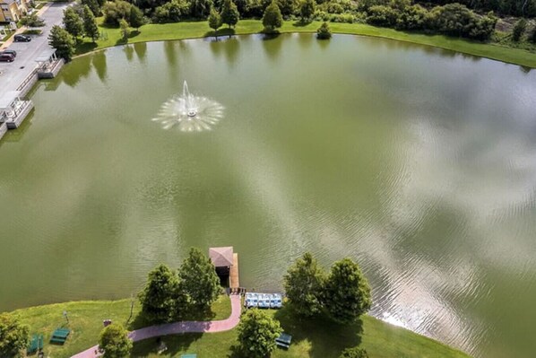 Una vista aerea di un parco con un laghetto centrale, una fontana e un piccolo padiglione.