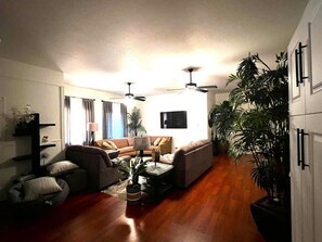 Televisión, reproductor de DVD, libros, oficina