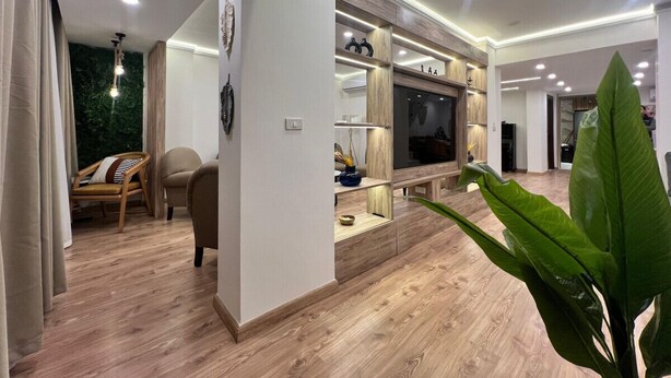 A modern living room with a wooden floor, a large TV, and a plant.