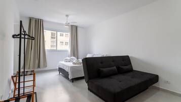 1 bedroom, desk, bed sheets