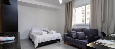 Desk, bed sheets