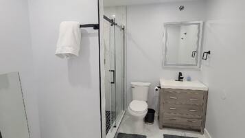 Shower, hair dryer, bidet, towels